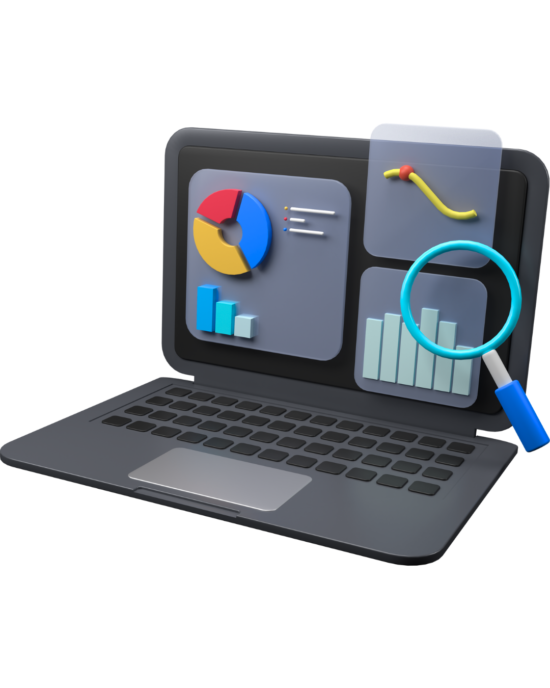 Notebook com gráficos em 3D e uma lupa indicando pesquisa.