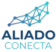 Logo Aliado conecta em azul escuro e azul claro com um ícone em cima de rede de conexão.
