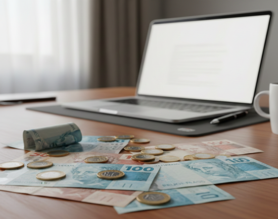 cédulas de dinheiro brasileiro sobre a mesa, com fundo desfocado de laptop